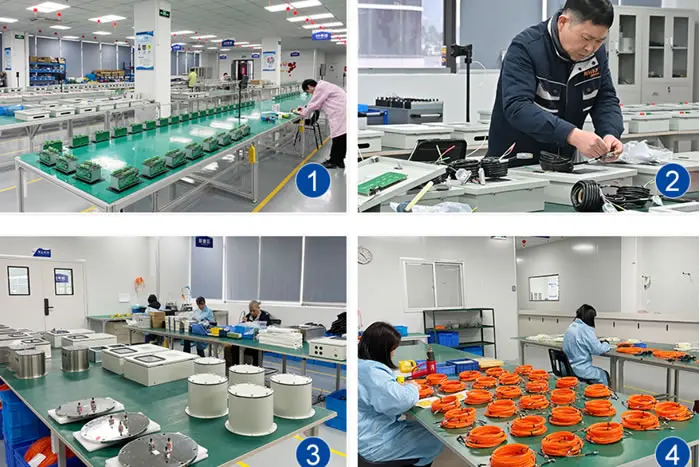INNO transformer monitor production line at Fuzhou factory with technicians assembling BWDK controllers
