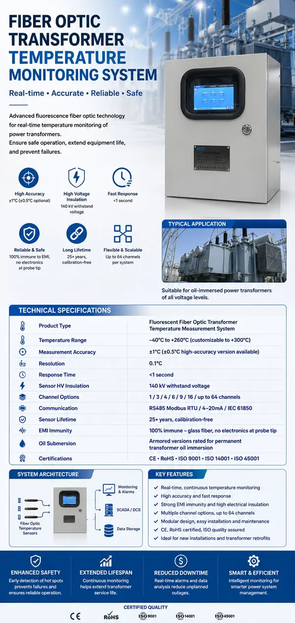Fiber optic transformer temperature measurement system technical specification sheet