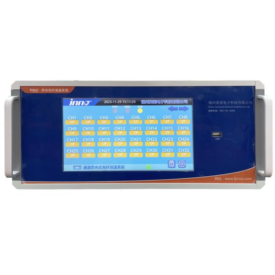 Fluorescent fiber optic temperature measurement system with 64 channels